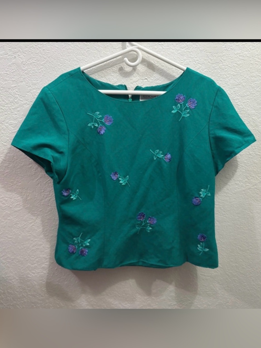 Vintage Jessica Howard Teal Green Crop Blouse Whimsical Floral Embroidered-16